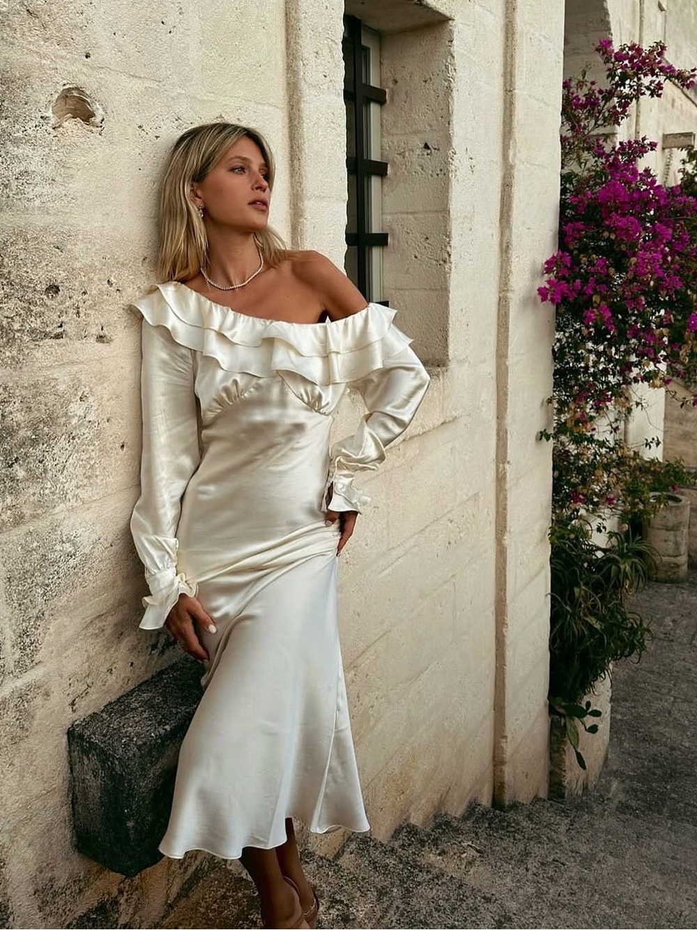 Stone Cold Fox Off-Shoulder Ruffle Silk Vicious Midi Dress